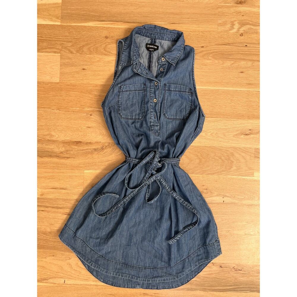 Women's Y2K Bebe Denim Dress With Buttons and Tie Waist Size Small